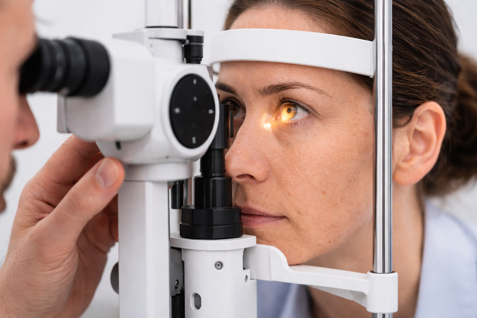 Óptico contactólogo usando una lámpara de hendidura para un exámen visual